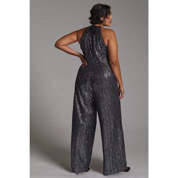 Anthropologie Maeve Disco Halter Jumpsuit Sequined Halter Neck Size 14 Glam - Picture 8 of 13